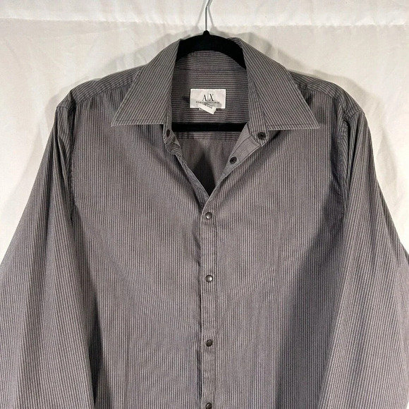 Armani Exchange Dress Shirt Men's Medium Blue Pink Striped Snap Up Long Sleeve - Picture 2 of 9